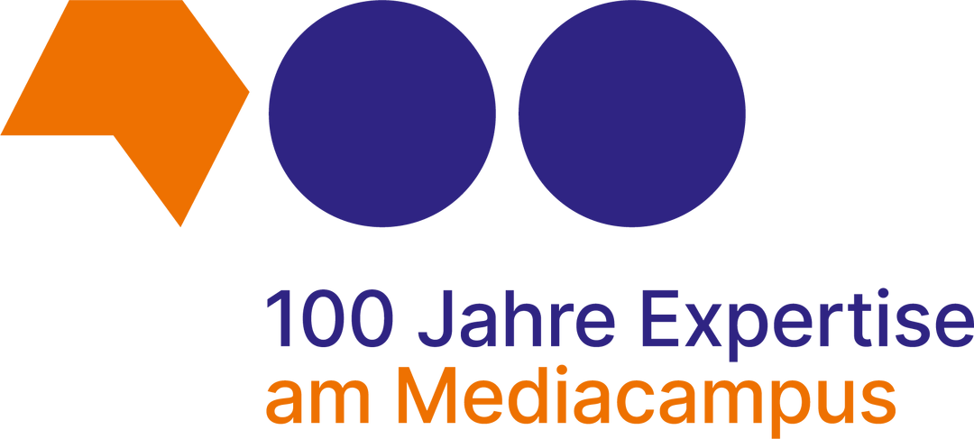 Aktions-Logo zum Jubil&auml;um des Mediacampus Frankfurt. Betitelt mit "100 Jahre Expertise am Mediacampus"